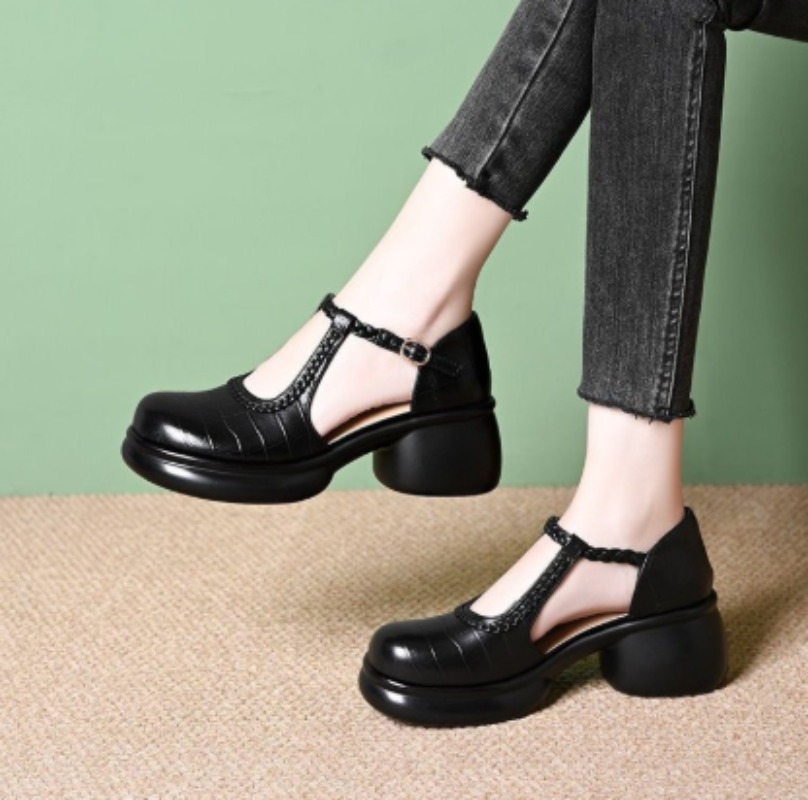 Womens Heels - Women Black Croc‑Embossed Mary Jane Sandals